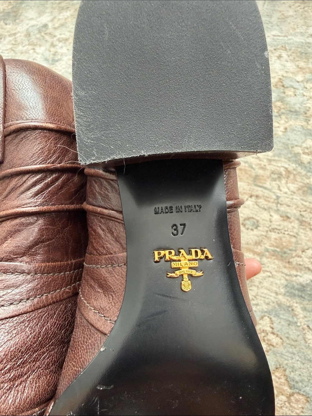 Runway Prada Capra Leather Over-The-Knee Tall Low Heel Boots Brown Size 37 EU - Picture 14 of 17